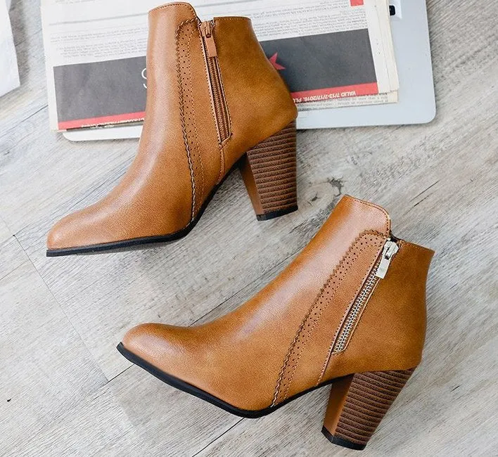 SH273 - Hollow High Heeled Brown Ankle Boots