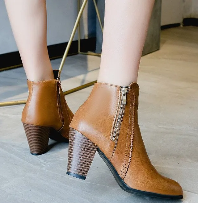 SH273 - Hollow High Heeled Brown Ankle Boots