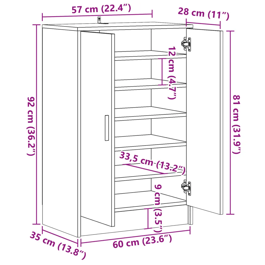 Shoe Cabinet Artisan Oak 60x35x92 cm Engineered Wood