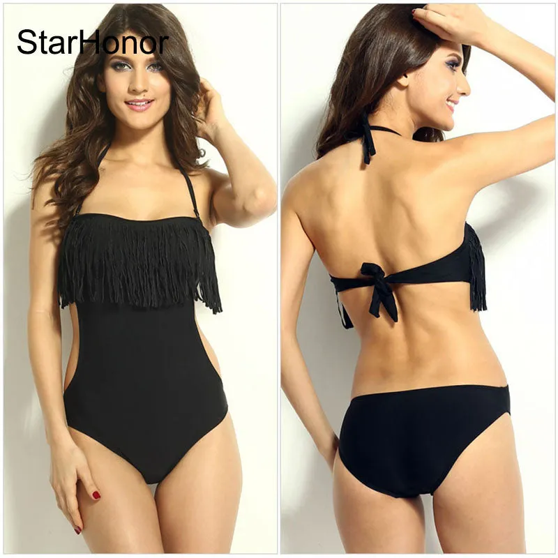 StarHonor Woman Tassel Swimsuit Bandage Patchwork Retro Halter One-piece Bikinis Set Push Up Bquini Bathing Suit Swimwear