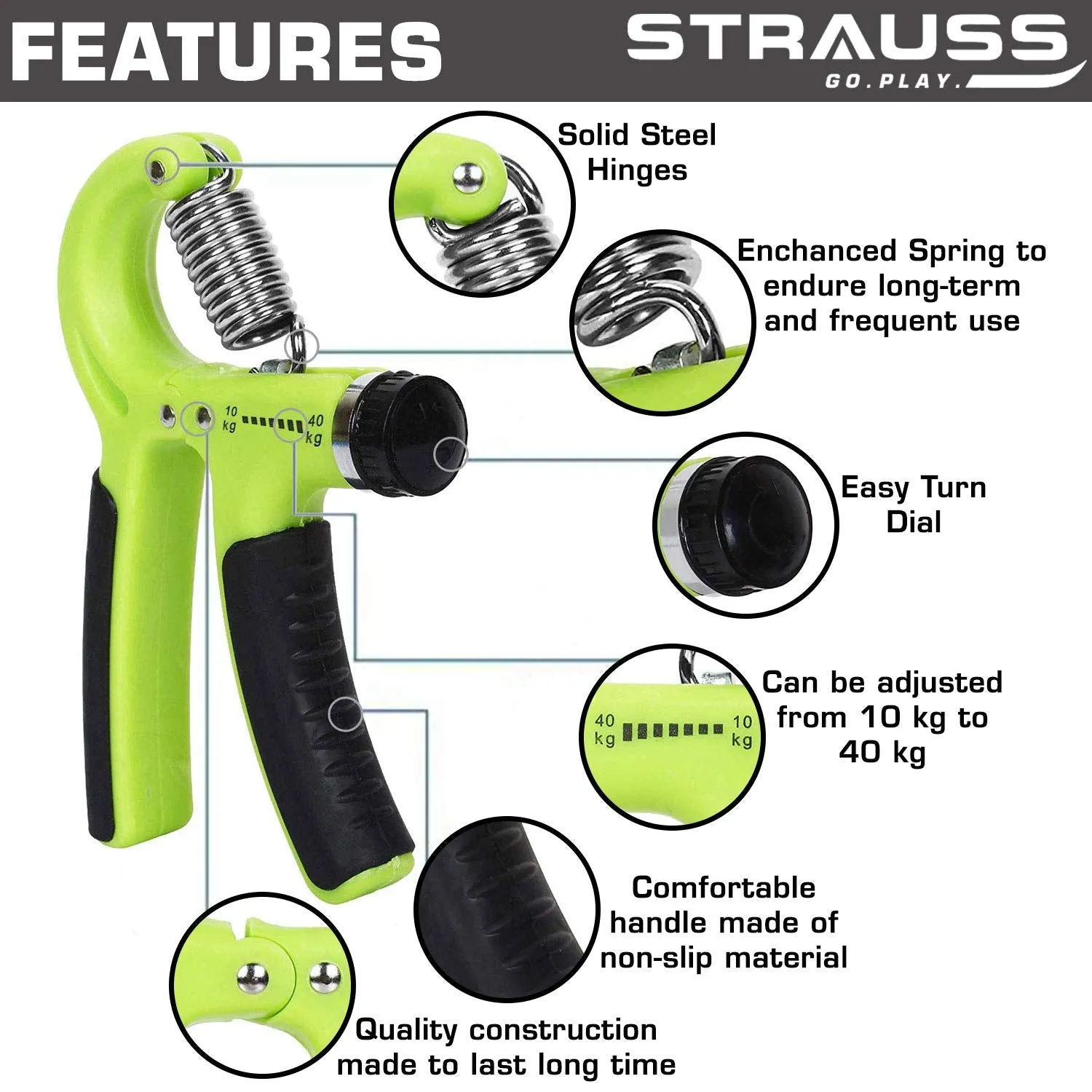 Strauss Adjustable Hand Grip Strengthener, (Black/Green) and Chest Expander with 5 Springs