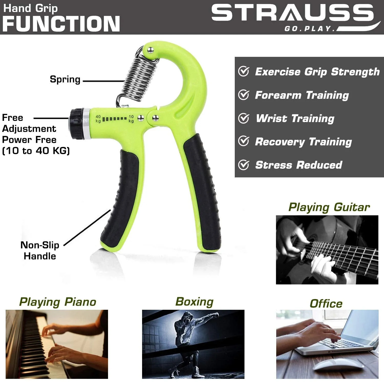 Strauss Adjustable Hand Grip Strengthener, (Black/Green) and Chest Expander with 5 Springs