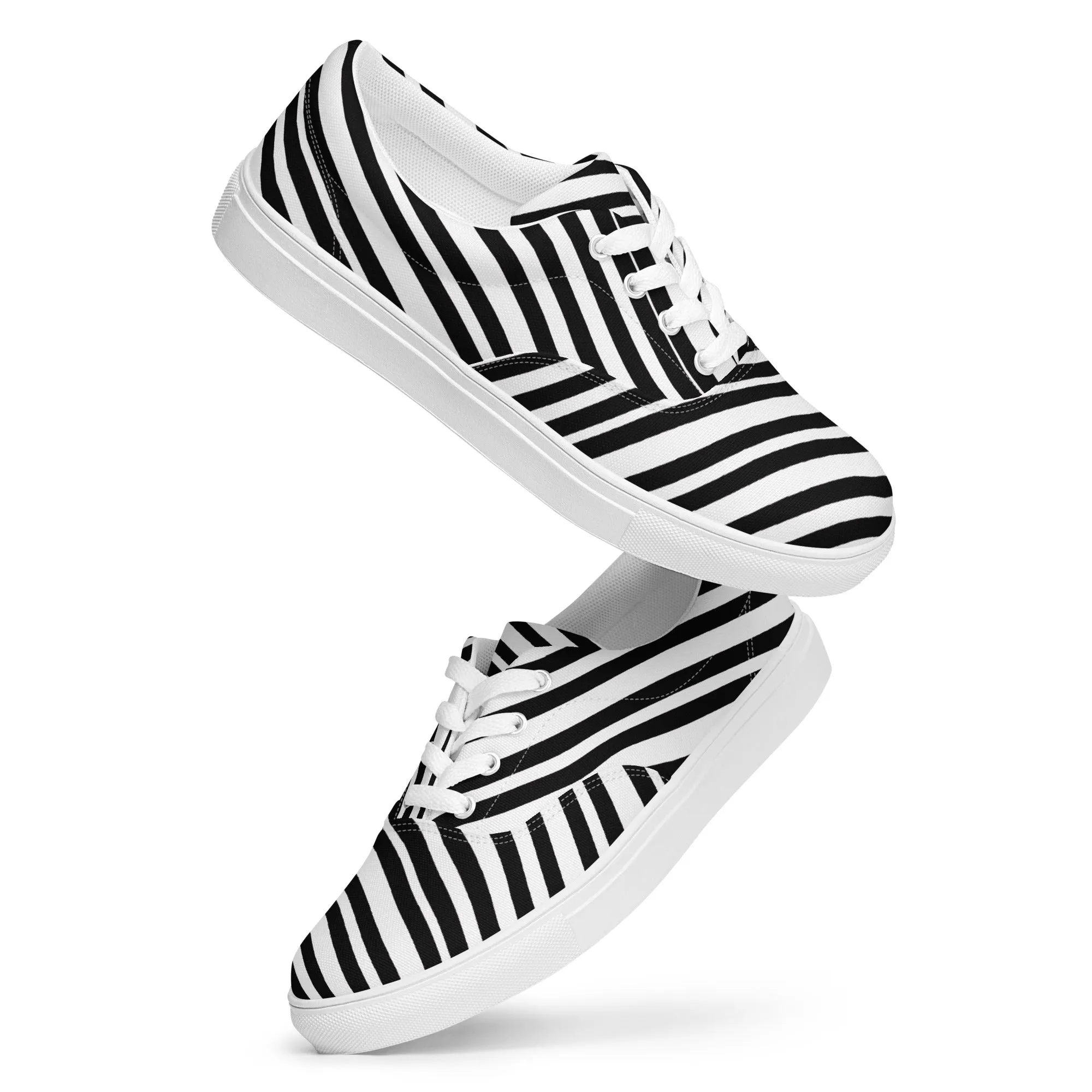 Striped Men's Low Top Sneakers, Black White Diagonal Stripes Best Designer Men’s Lace-up Canvas Shoes (US Size: 5-13)