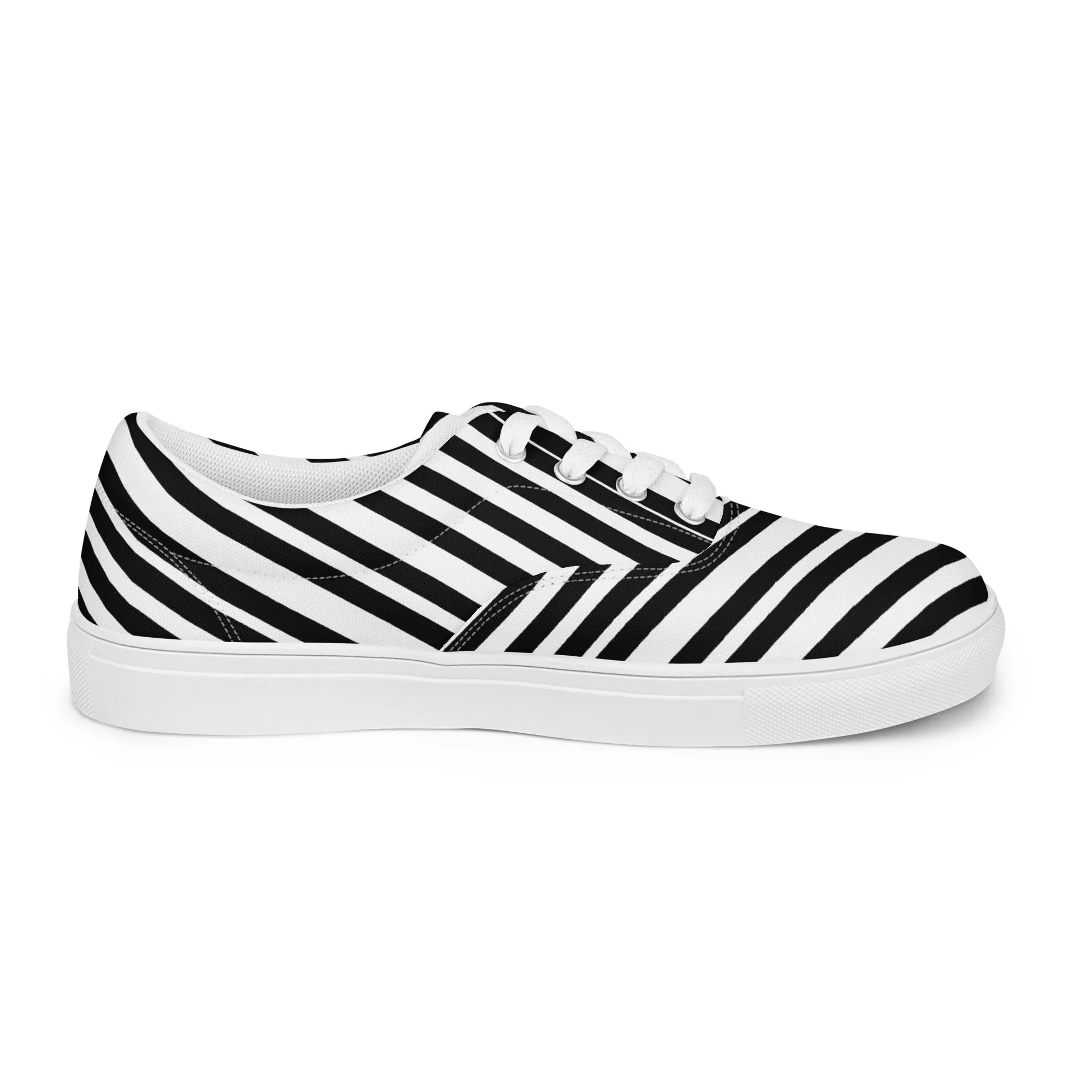 Striped Men's Low Top Sneakers, Black White Diagonal Stripes Best Designer Men’s Lace-up Canvas Shoes (US Size: 5-13)