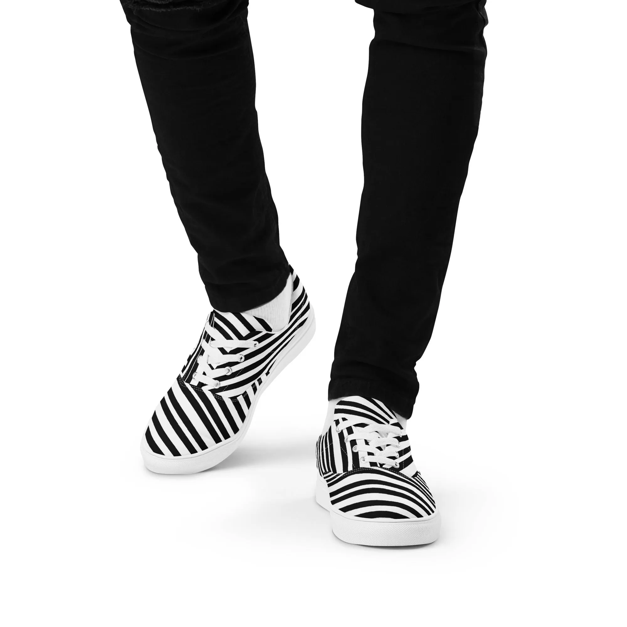 Striped Men's Low Top Sneakers, Black White Diagonal Stripes Best Designer Men’s Lace-up Canvas Shoes (US Size: 5-13)