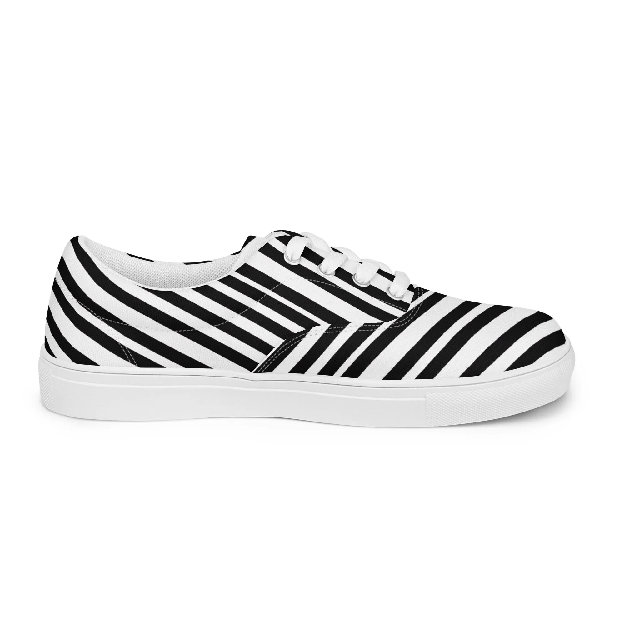 Striped Men's Low Top Sneakers, Black White Diagonal Stripes Best Designer Men’s Lace-up Canvas Shoes (US Size: 5-13)