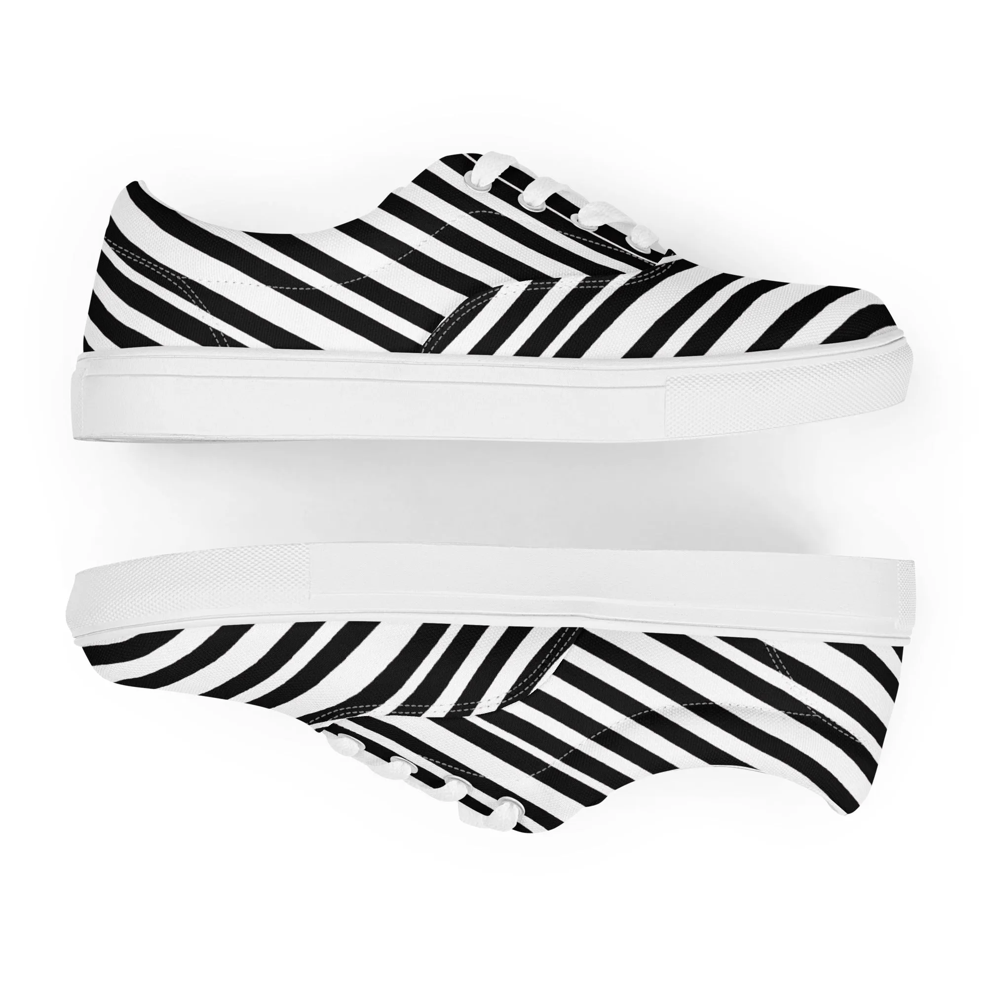 Striped Men's Low Top Sneakers, Black White Diagonal Stripes Best Designer Men’s Lace-up Canvas Shoes (US Size: 5-13)