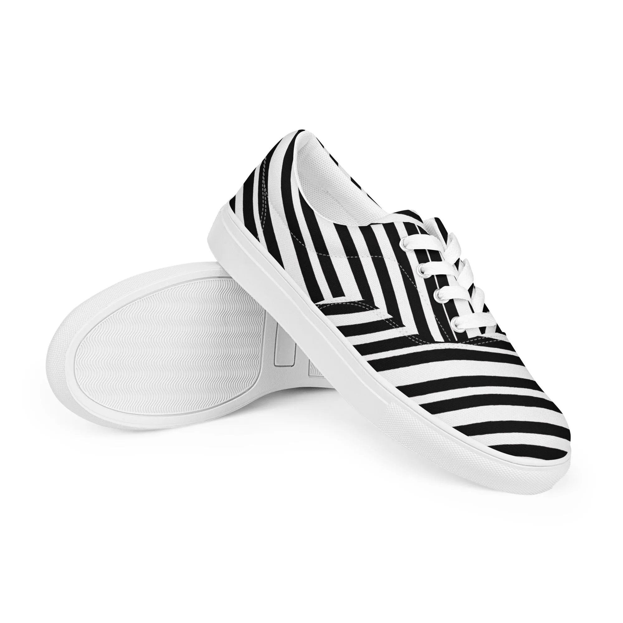 Striped Men's Low Top Sneakers, Black White Diagonal Stripes Best Designer Men’s Lace-up Canvas Shoes (US Size: 5-13)