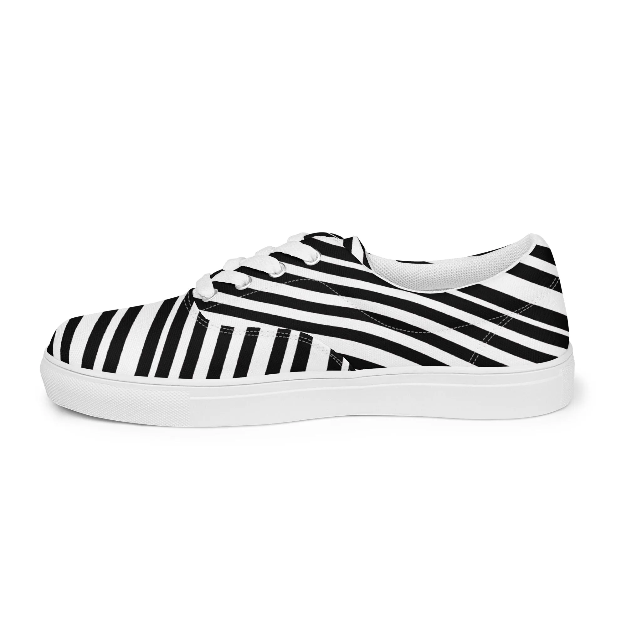 Striped Men's Low Top Sneakers, Black White Diagonal Stripes Best Designer Men’s Lace-up Canvas Shoes (US Size: 5-13)