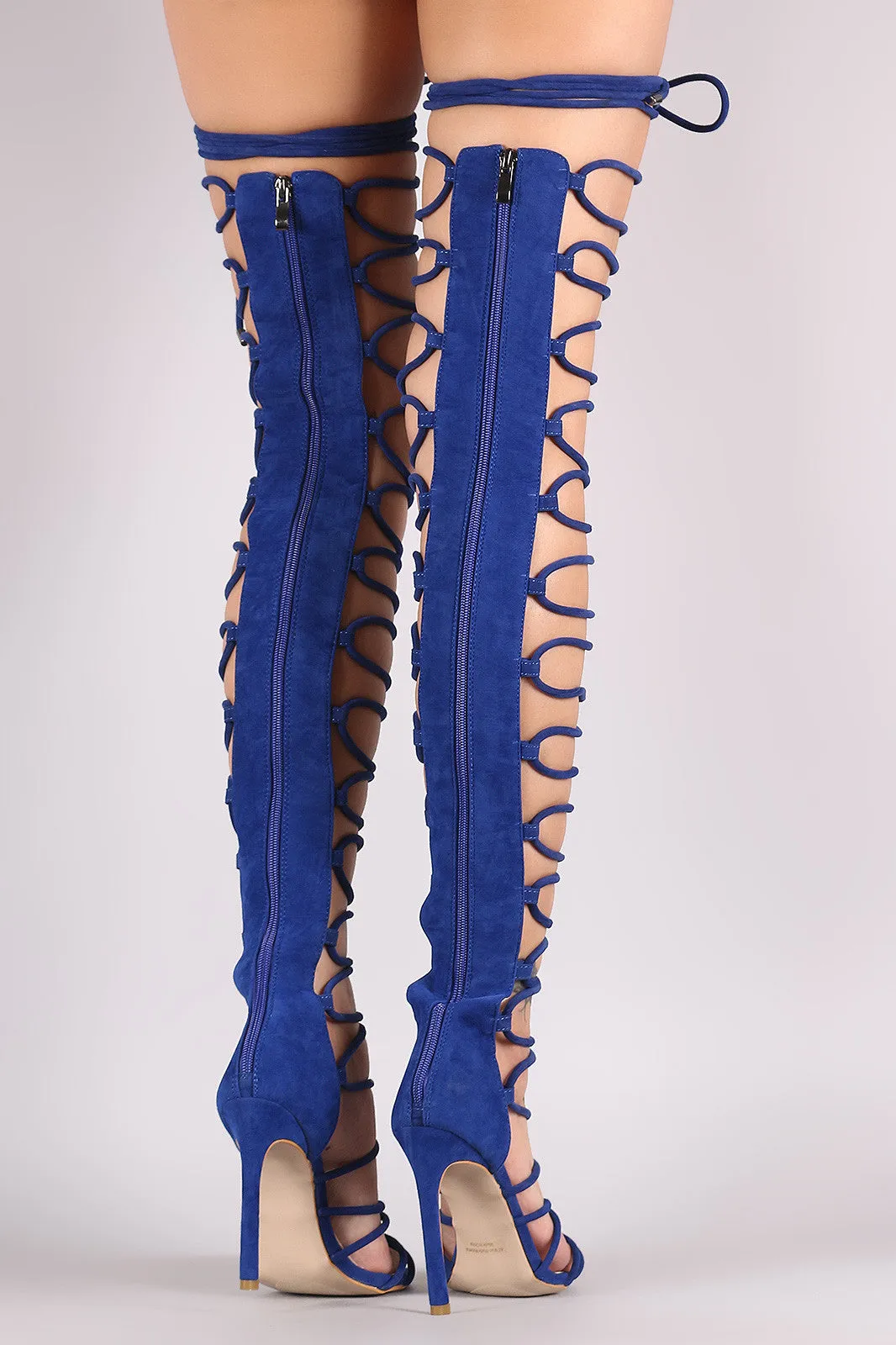 Suede Strappy Open Toe Lace Up Stiletto Over-The-Knee Boots