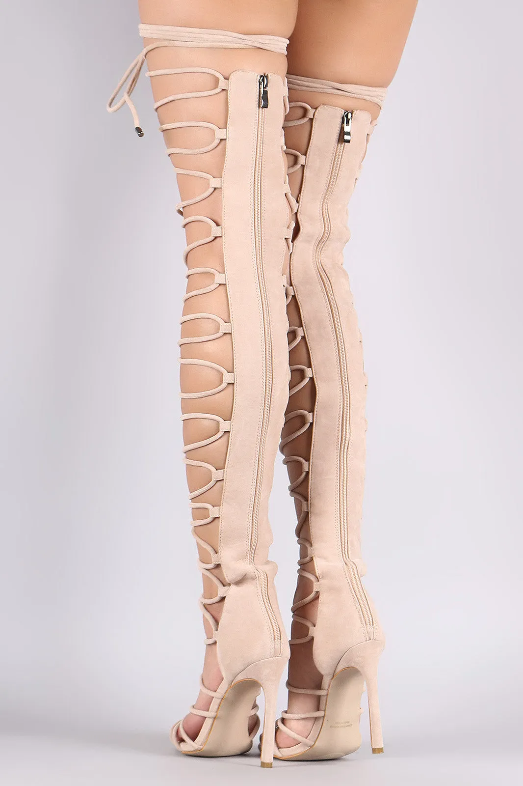 Suede Strappy Open Toe Lace Up Stiletto Over-The-Knee Boots