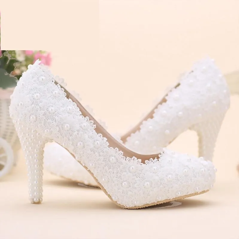 Tall Lace Pearl Bridal Shoes Party Dress Shoes