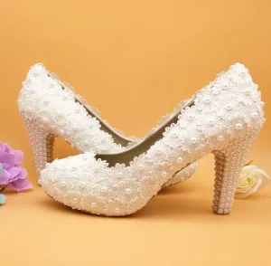 Tall Lace Pearl Bridal Shoes Party Dress Shoes