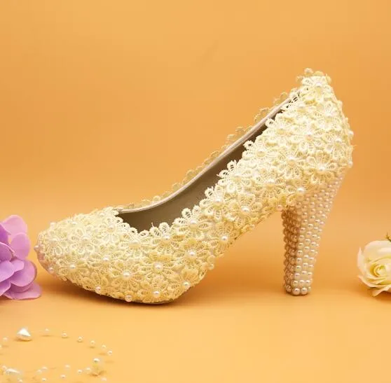 Tall Lace Pearl Bridal Shoes Party Dress Shoes