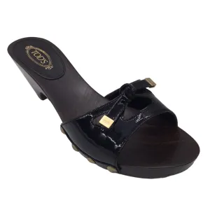 Tod's Black / Gold Studded Wood Heel Patent Leather Slide Sandals