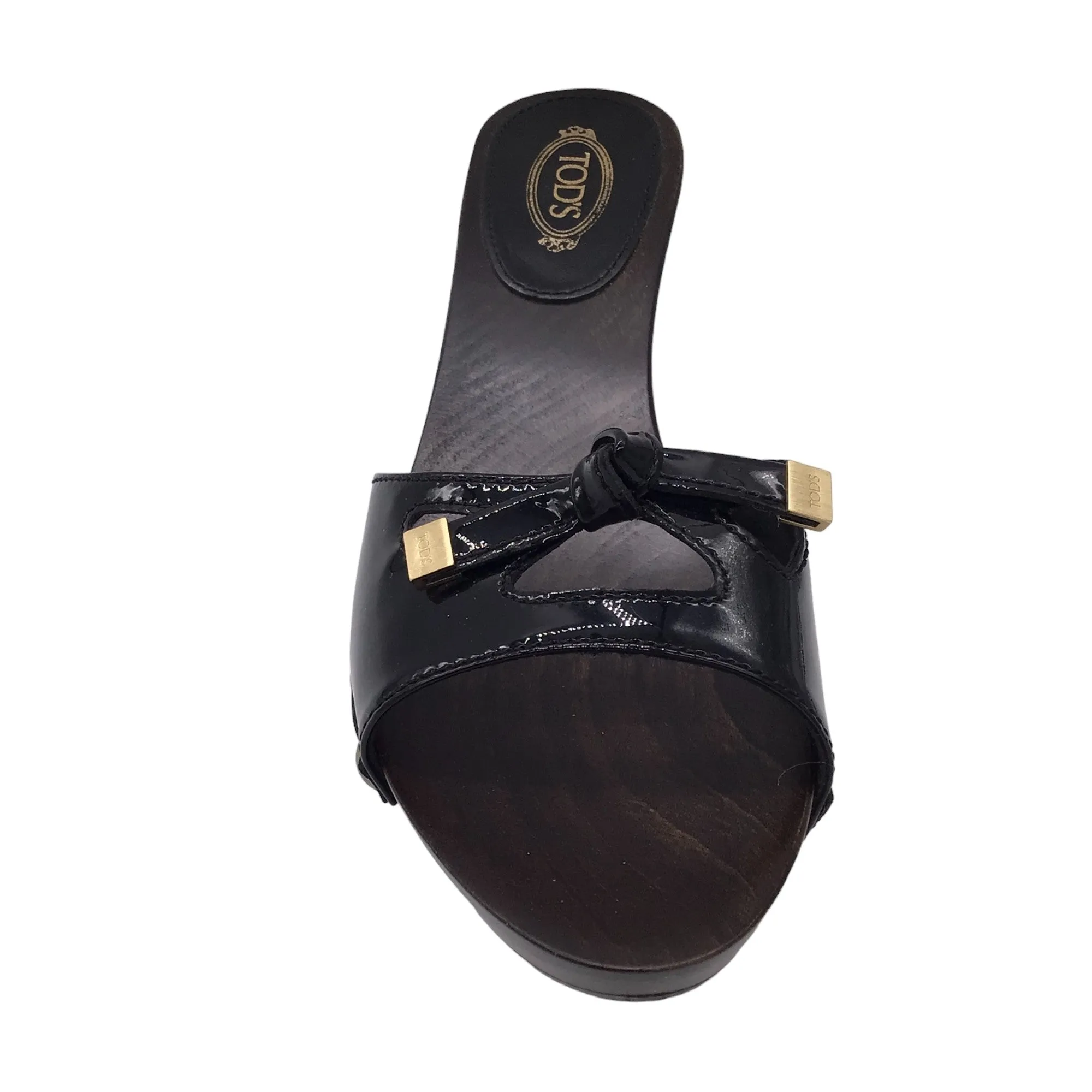 Tod's Black / Gold Studded Wood Heel Patent Leather Slide Sandals