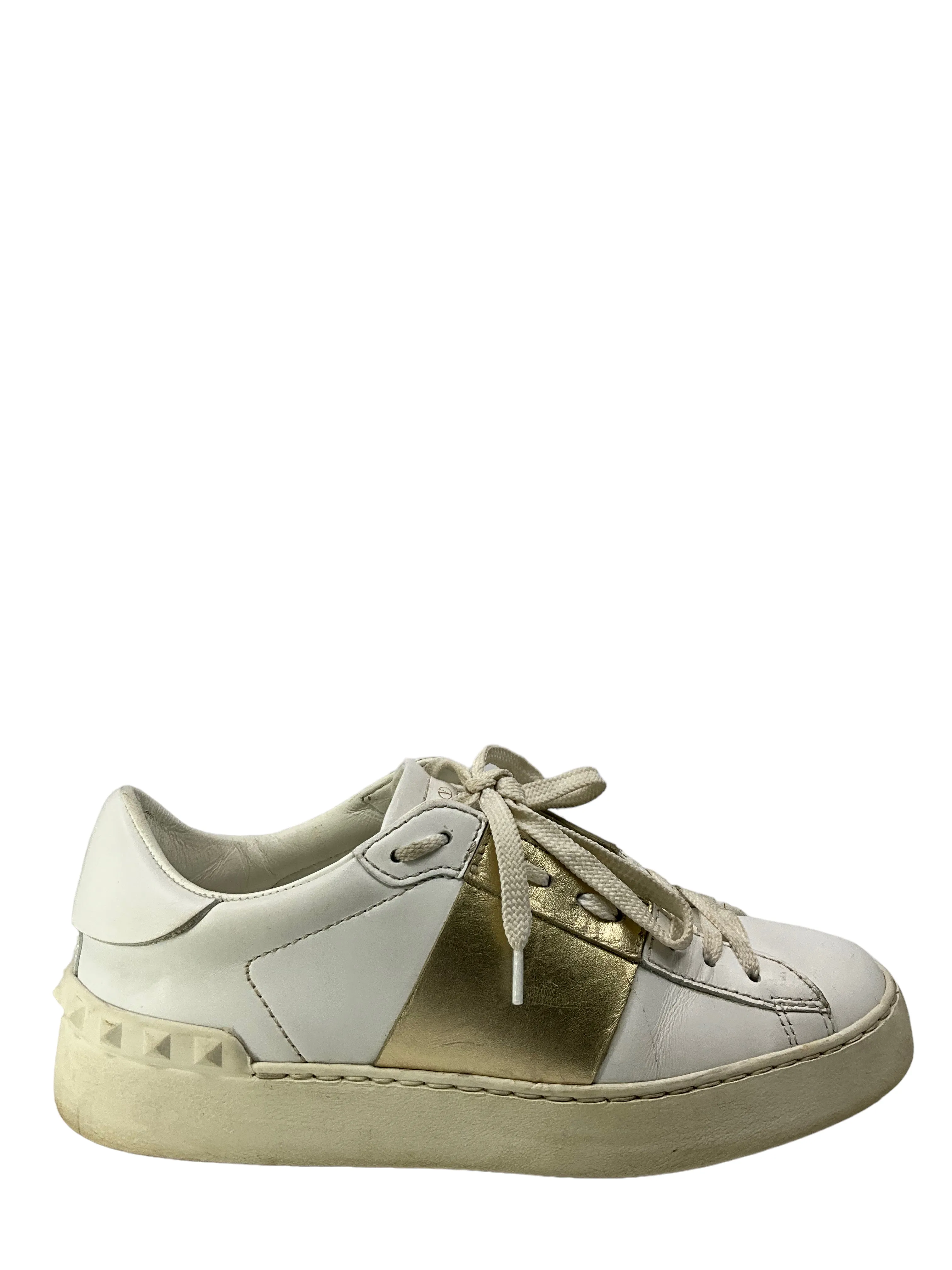 Valentino Garavani Rockstud White And Gold Leather Sneakers Size 6.5