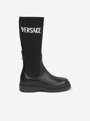 Versace Girls Leather Logo Boots in Black