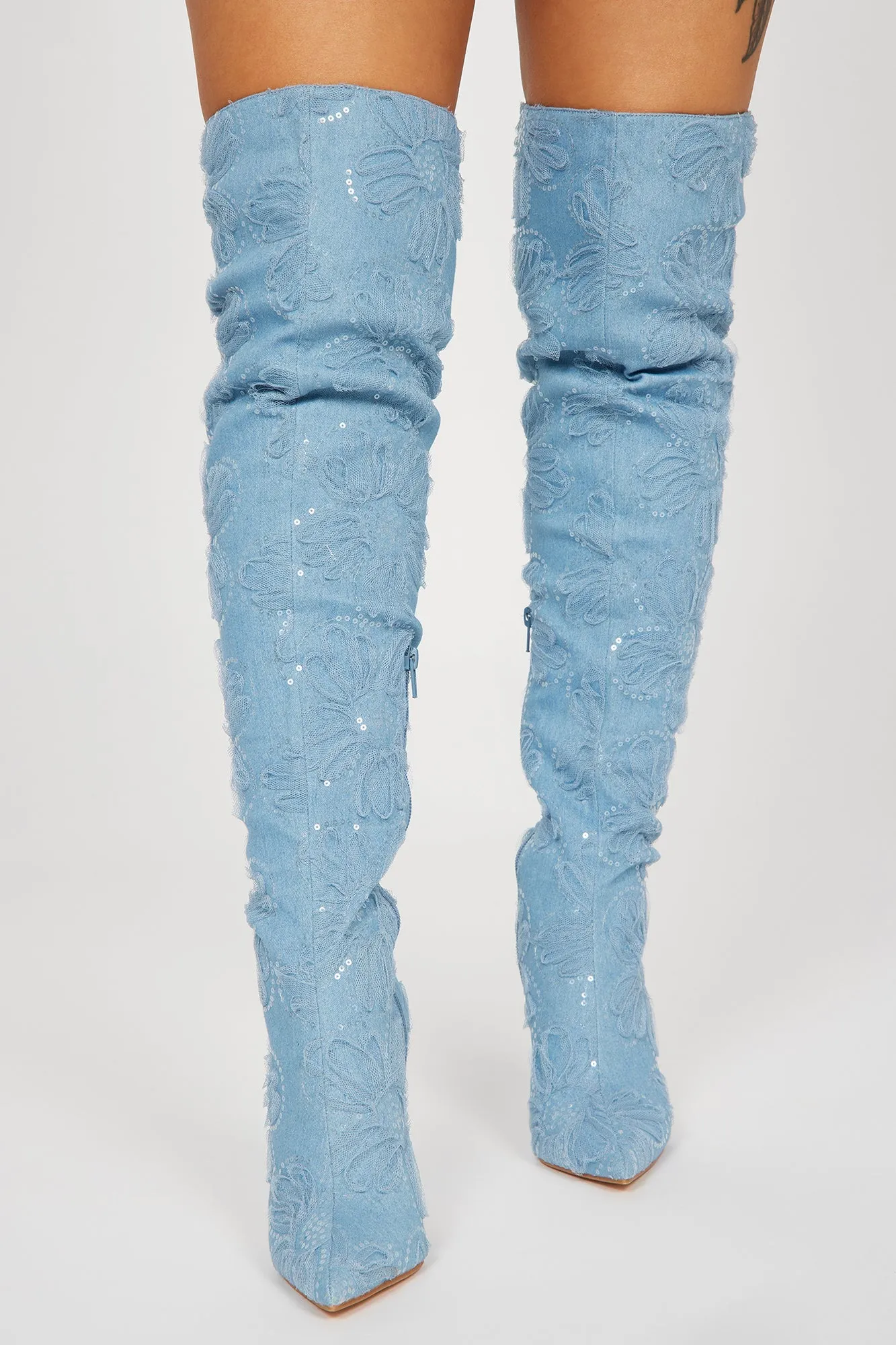 Wallflower Knee High Heeled Boots - Denim