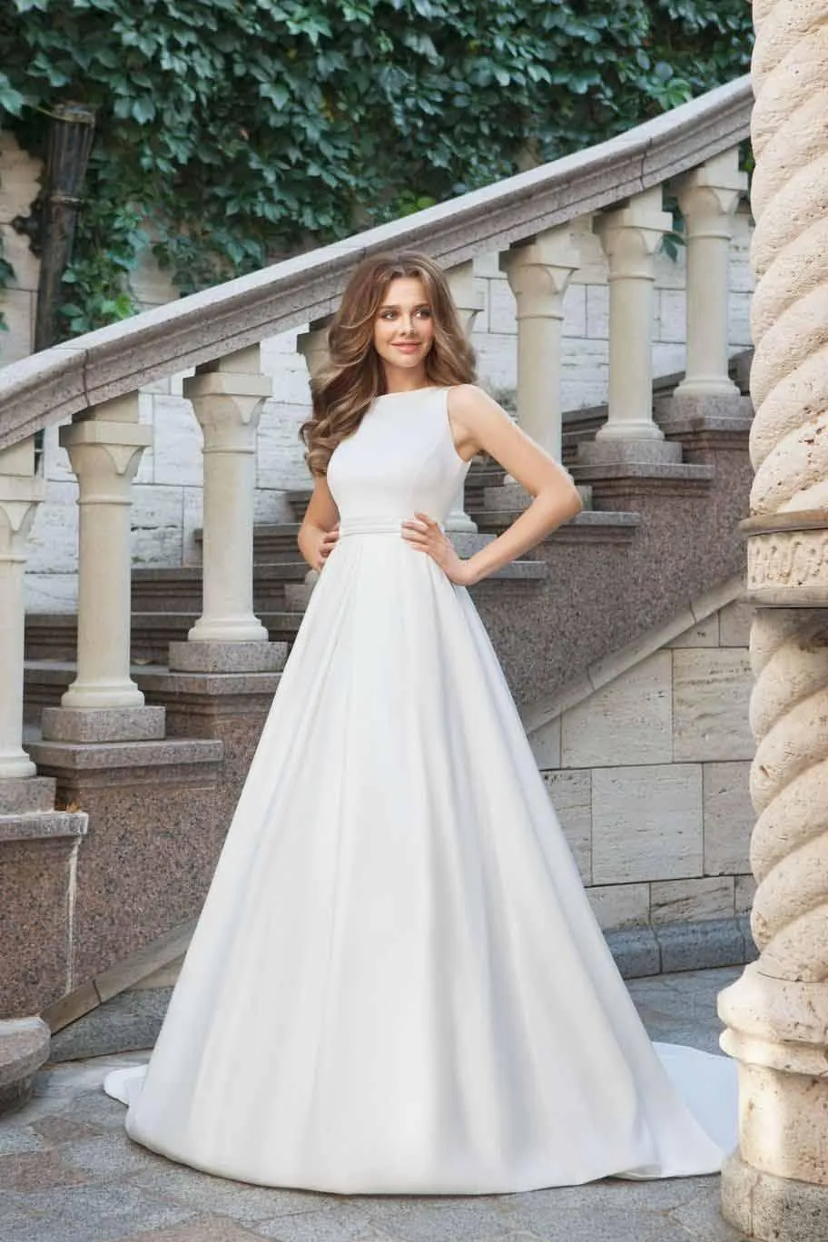 Wedding Dresses Scoop  A-line Long Train Simple Satin Bridal Gown  WD449