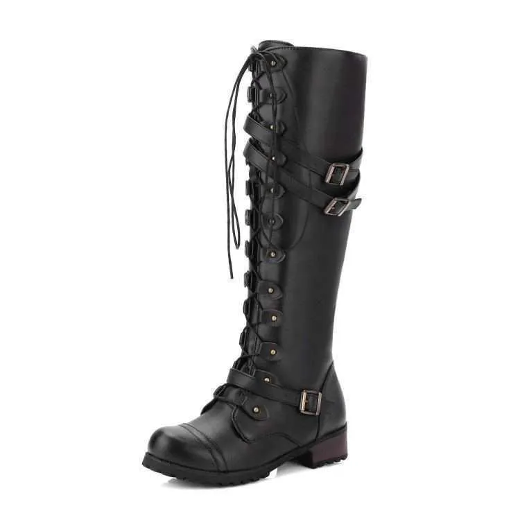 Women buckle strap criss cross lace up knee high boots