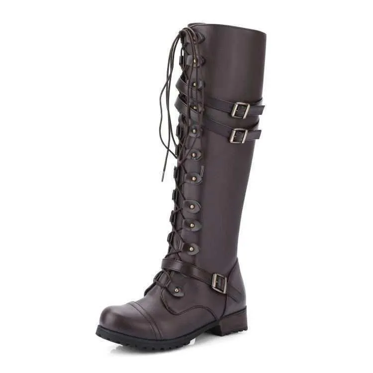 Women buckle strap criss cross lace up knee high boots