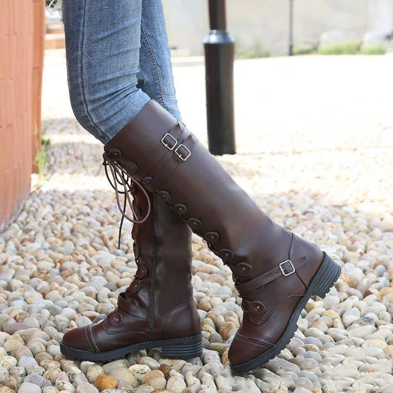 Women buckle strap criss cross lace up knee high boots