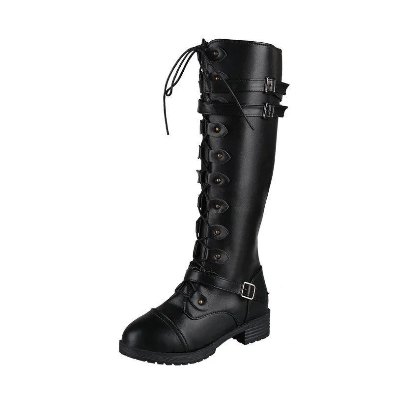 Women buckle strap criss cross lace up knee high boots