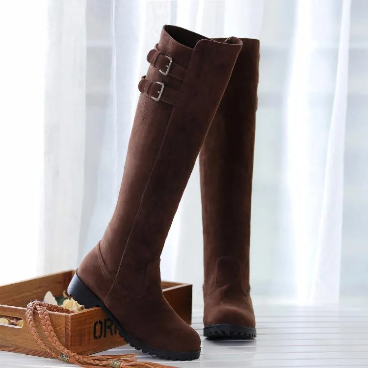 Women chunky heel platform double buckle strap slip on knee high boots