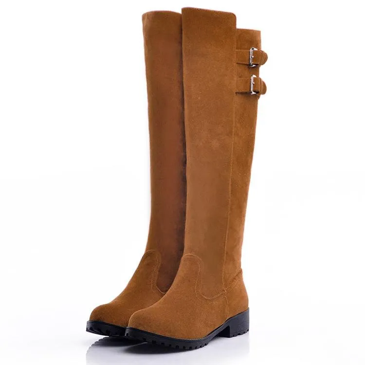 Women chunky heel platform double buckle strap slip on knee high boots