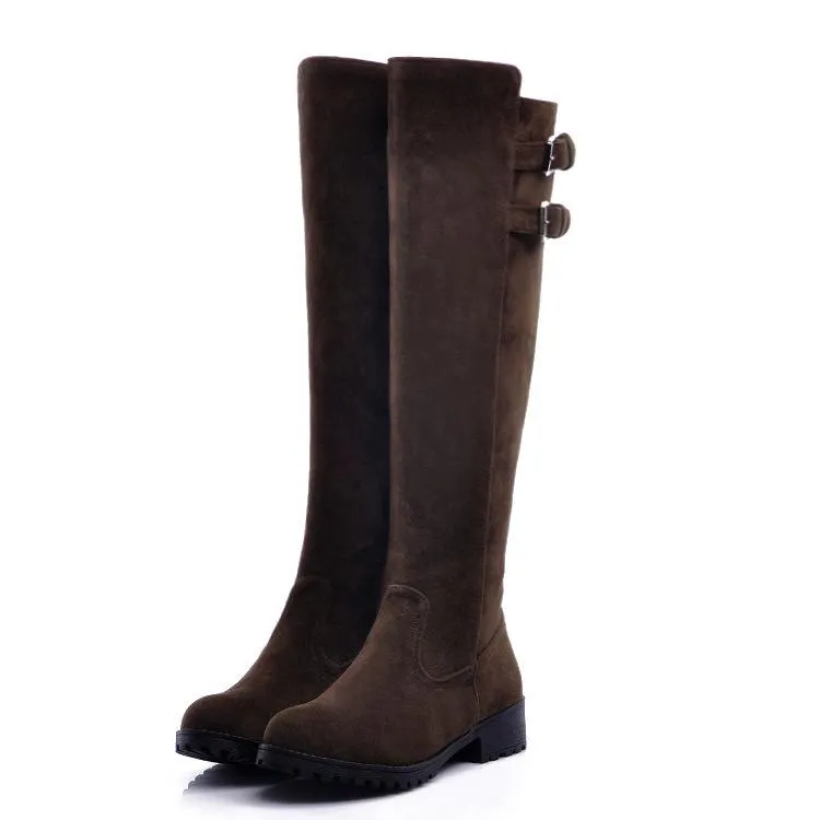 Women chunky heel platform double buckle strap slip on knee high boots