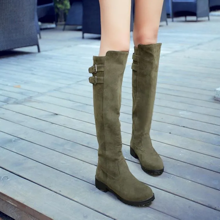 Women chunky heel platform double buckle strap slip on knee high boots