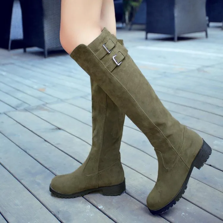 Women chunky heel platform double buckle strap slip on knee high boots