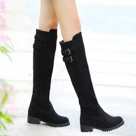 Women chunky heel platform double buckle strap slip on knee high boots