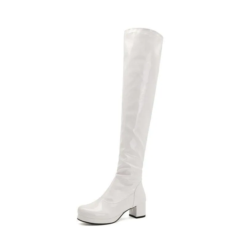 Women chunky heel platform solid color over the knee high boots