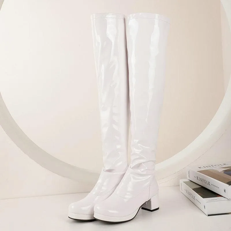 Women chunky heel platform solid color over the knee high boots