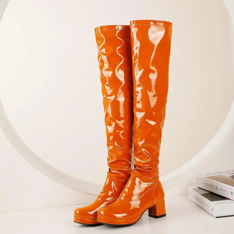 Women chunky heel platform solid color over the knee high boots