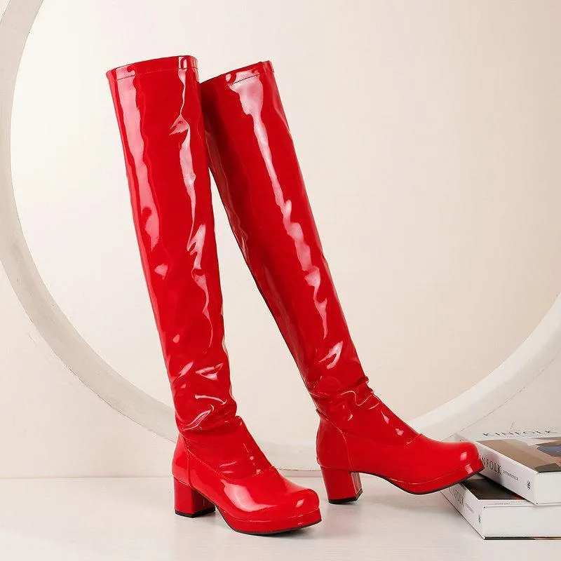 Women chunky heel platform solid color over the knee high boots