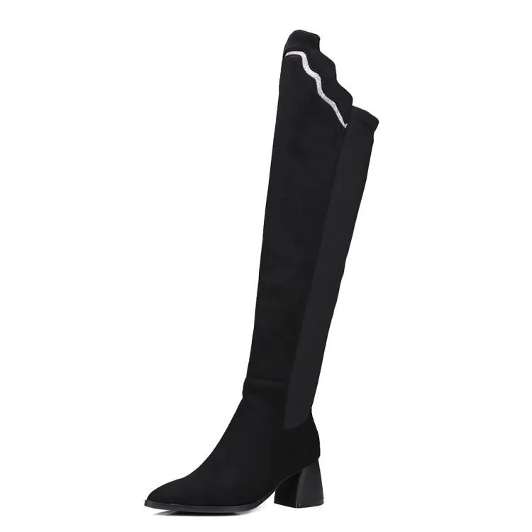 Women color block chunky heel pointed toe over the knee boots