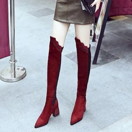 Women color block chunky heel pointed toe over the knee boots