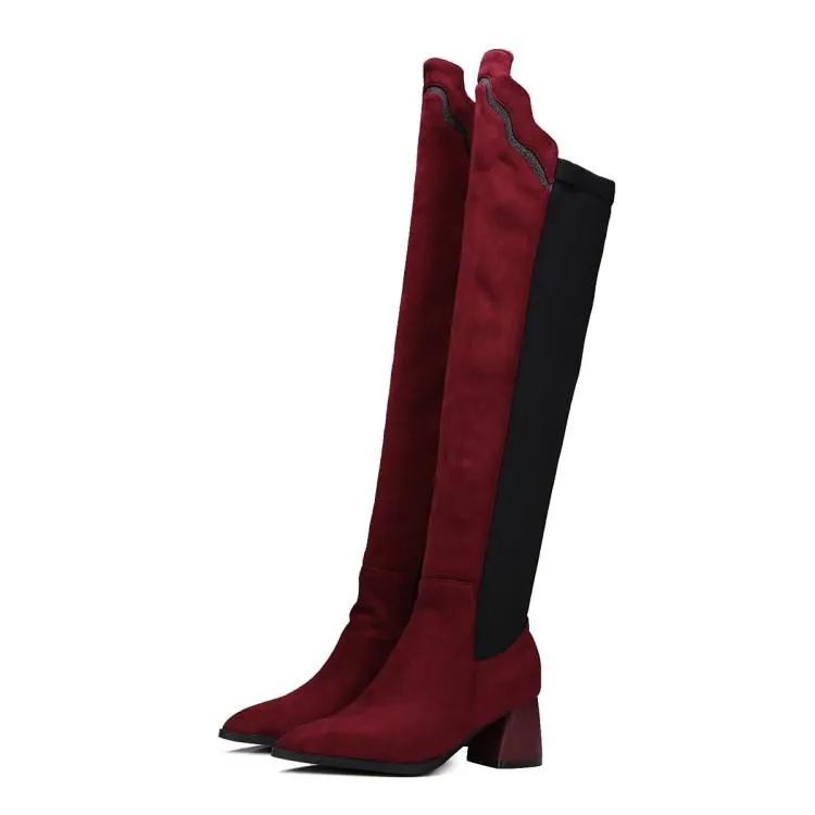 Women color block chunky heel pointed toe over the knee boots