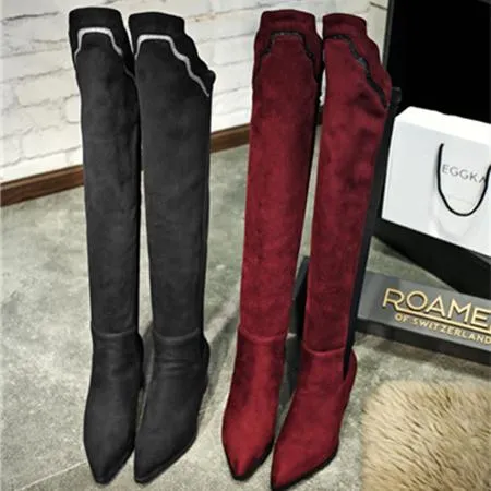 Women color block chunky heel pointed toe over the knee boots