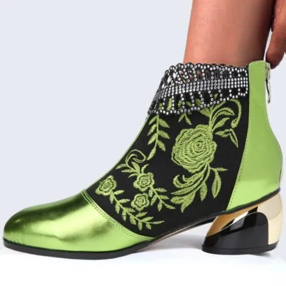 Women fashion embroidered flower hollow leaf block heel boots