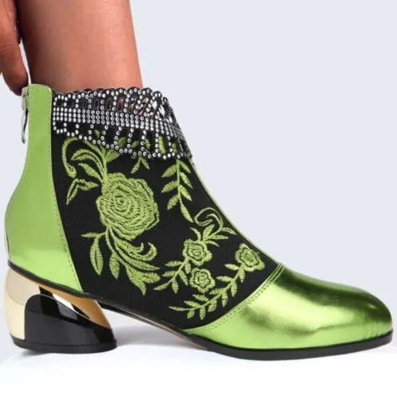 Women fashion embroidered flower hollow leaf block heel boots