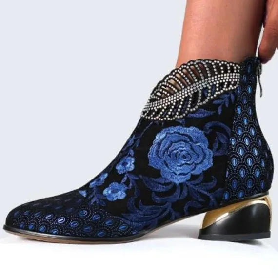 Women fashion embroidered flower hollow leaf block heel boots