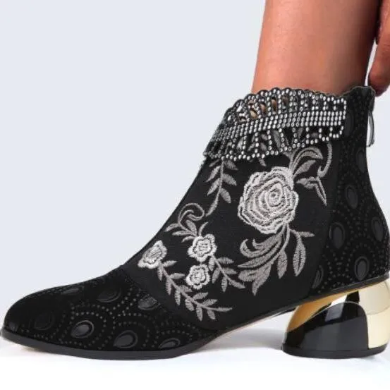 Women fashion embroidered flower hollow leaf block heel boots