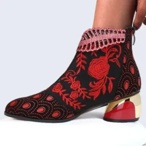 Women fashion embroidered flower hollow leaf block heel boots