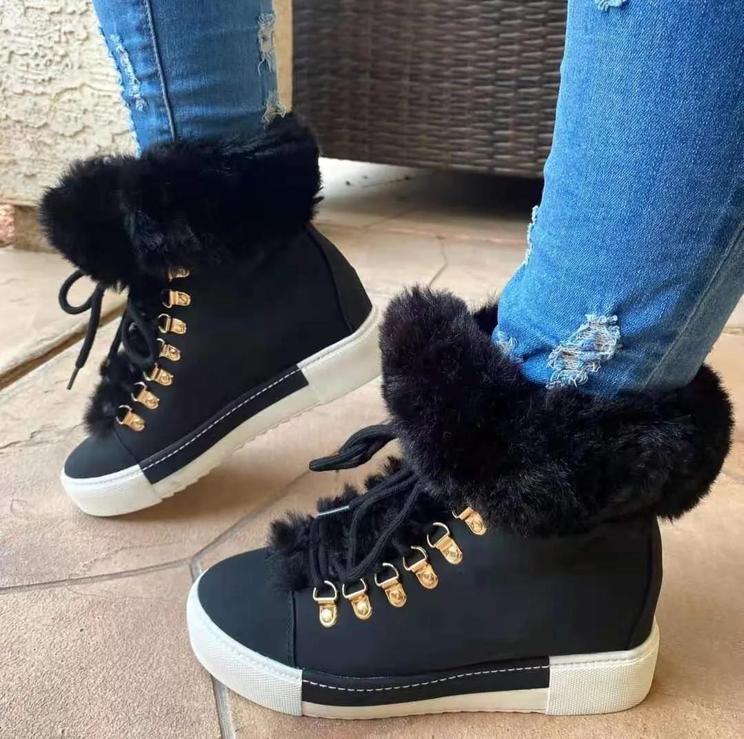 Women platform lace up winter faux fur short snow boots