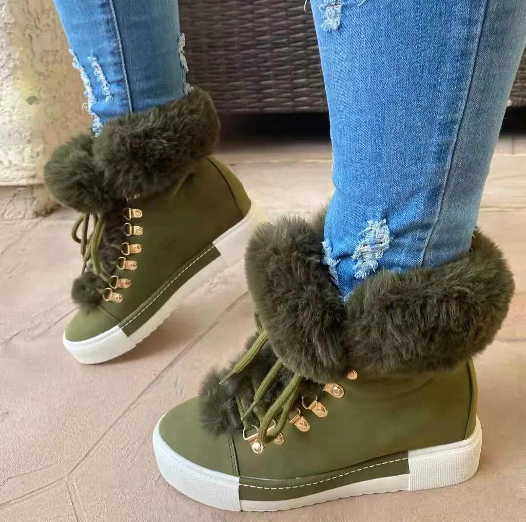 Women platform lace up winter faux fur short snow boots