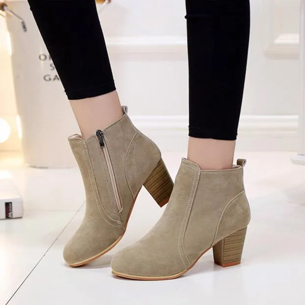 Women stacked chunky high heel round toe ankle boots